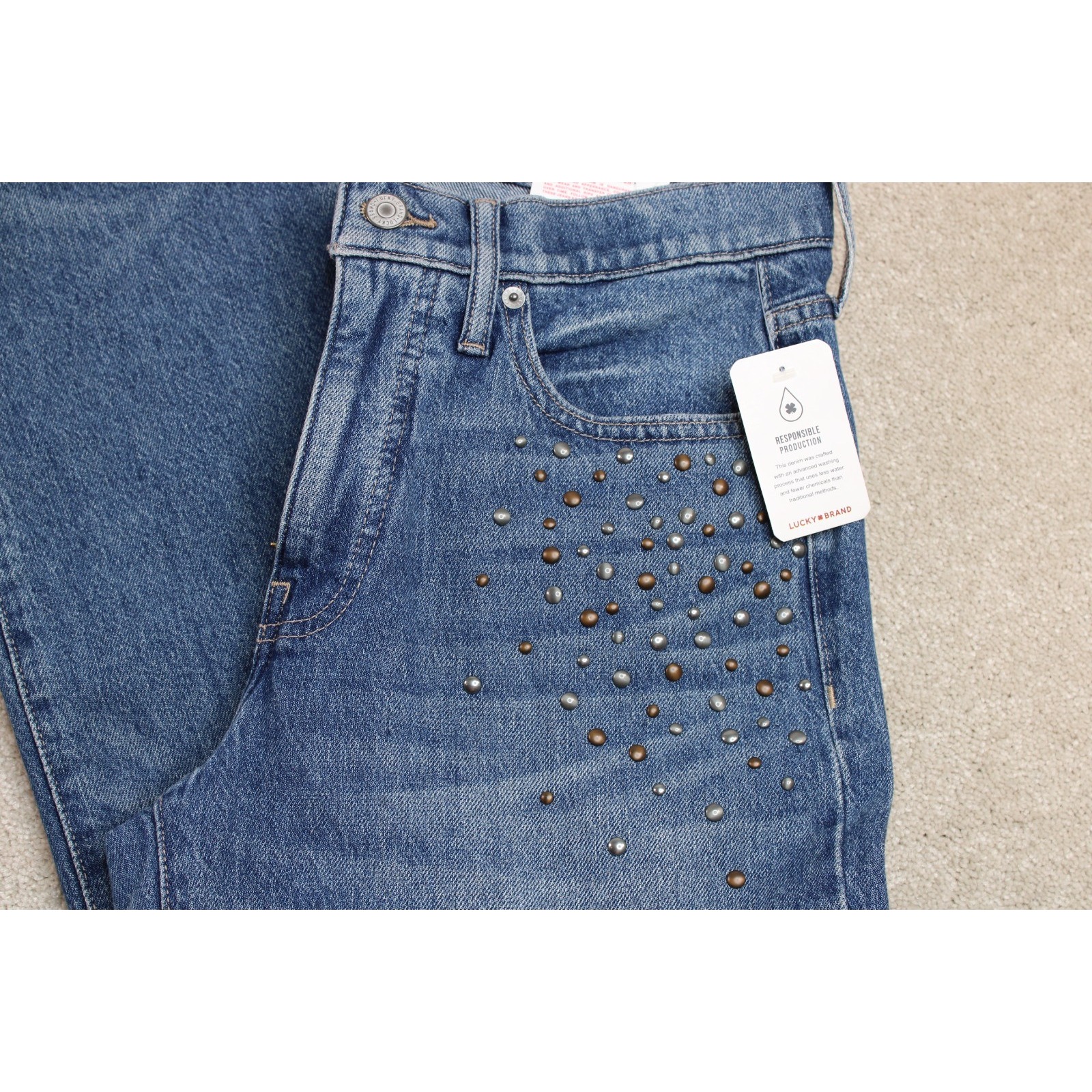 Lucky Brand Zoe High Rise Straight Studded Jeans Blue 628a Mspk966 New